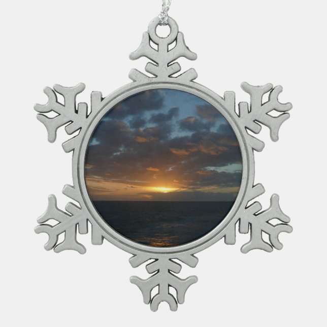 Sunrise at Sea II Ocean Seascape Snowflake Pewter Christmas Ornament (Front)