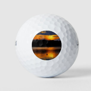Sunrise at the lake, scenic photograph, golf balls
