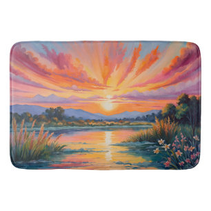 Sunrise at the pond watercolor bath mat