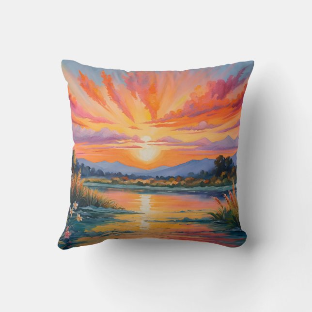 Sunrise at the pond watercolor cushion (Back)