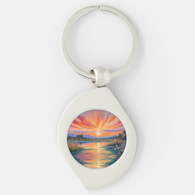 Sunrise at the pond watercolor key ring (Front)
