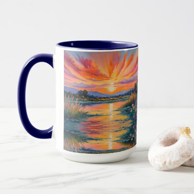 Sunrise at the pond watercolor mug (With Donut)