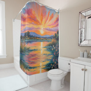 Sunrise at the pond watercolor shower curtain