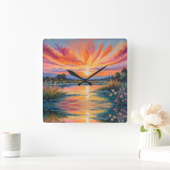Sunrise at the pond watercolor square wall clock (Home)
