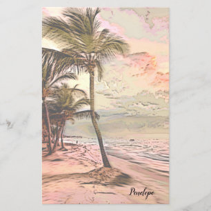 Sunrise Beach with Palm Trees and Name Stationery