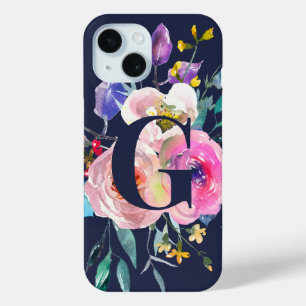 Sunrise Boho Floral Navy Monogram iPhone 15 Case