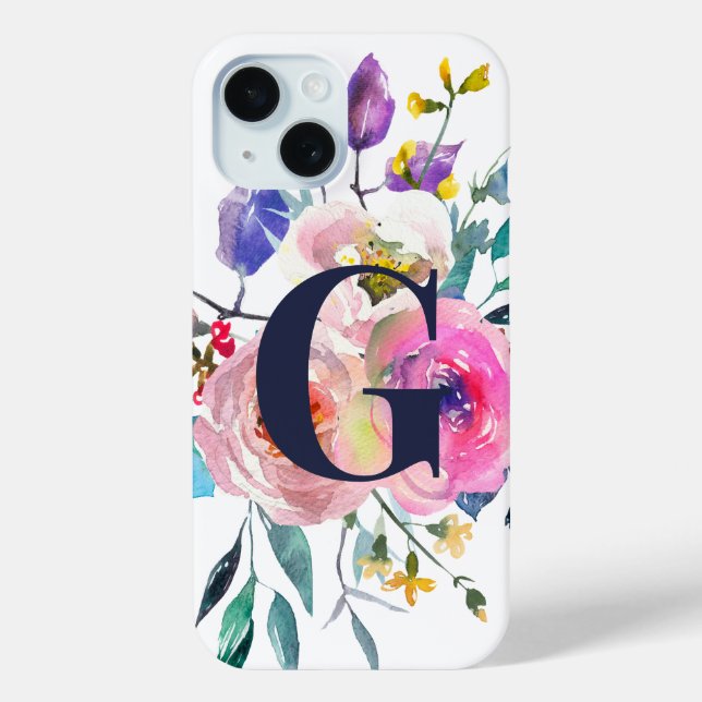 Sunrise Boho Floral Navy Monogram Case-Mate iPhone Case (Back)