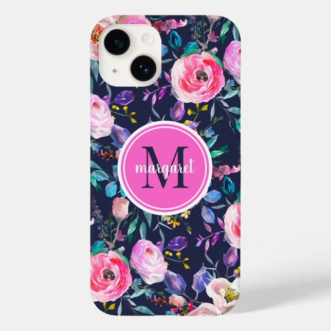 Sunrise Boho Floral Pink and Navy Monogram Case-Mate iPhone Case (Back)