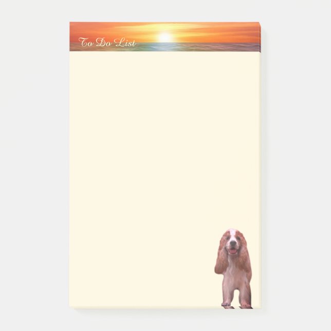 Sunrise, calligraphy and cute puppy dog on ivory post-it notes (Front)