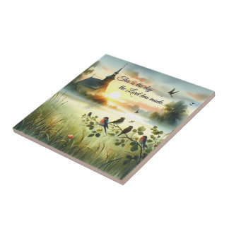 Sunrise Church with Birds in Misty Meadow Ceramic Tile