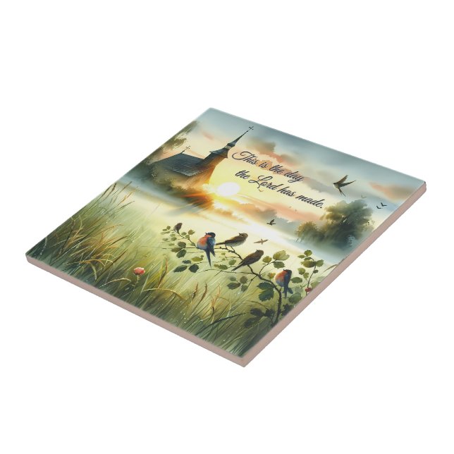 Sunrise Church with Birds in Misty Meadow Ceramic Tile (Side)