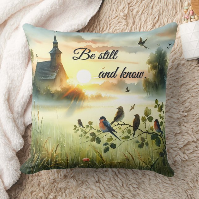 Sunrise Church with Birds in Misty Meadow Cushion (Blanket)