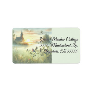 Sunrise Church with Birds in Misty Meadow Label