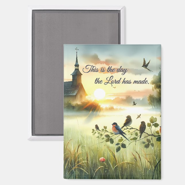 Sunrise Church with Birds in Misty Meadow Magnet (Front/Back)