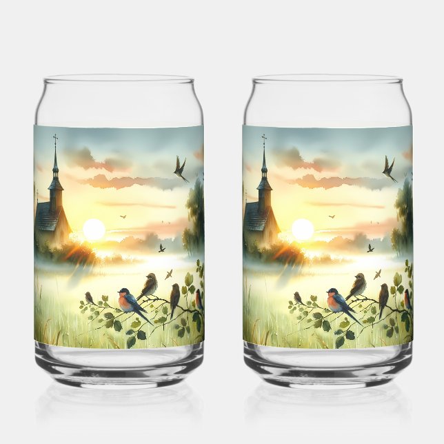 Sunrise Church with Birds in Misty Meadow No Verse Can Glass (Front)