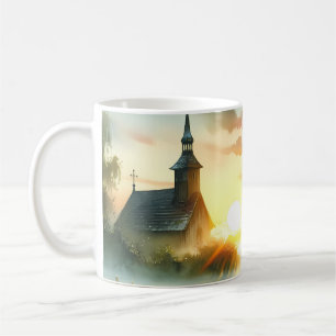 Sunrise Church with Birds in Misty Meadow No Verse Coffee Mug