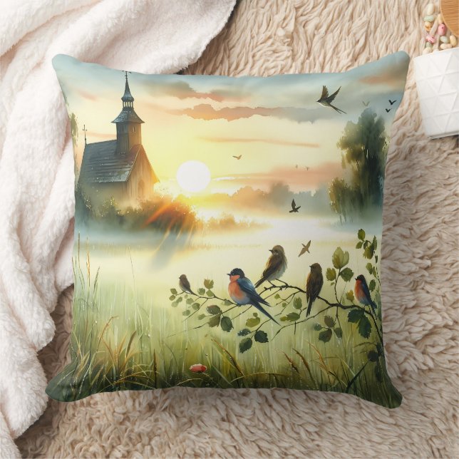 Sunrise Church with Birds in Misty Meadow No Verse Cushion (Blanket)