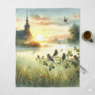 Sunrise Church with Birds in Misty Meadow No Verse Fleece Blanket