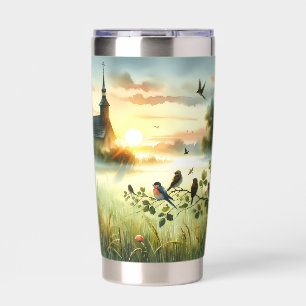 Sunrise Church with Birds in Misty Meadow No Verse Insulated Tumbler