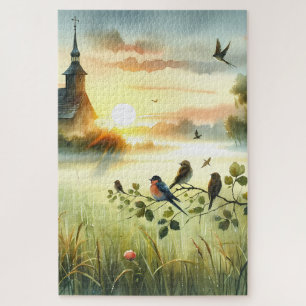 Sunrise Church with Birds in Misty Meadow No Verse Jigsaw Puzzle