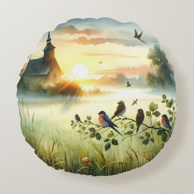 Sunrise Church with Birds in Misty Meadow No Verse Round Cushion (Front)