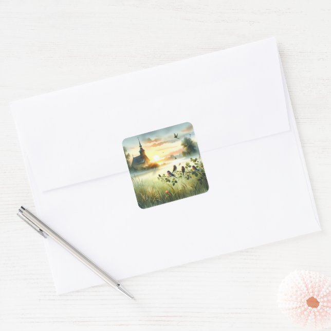 Sunrise Church with Birds in Misty Meadow No Verse Square Sticker (Envelope)