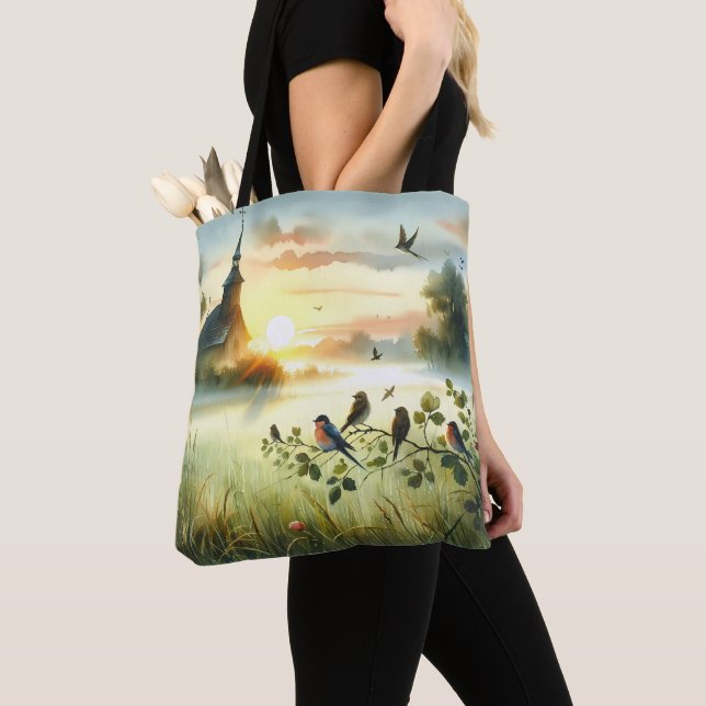 Sunrise Church with Birds in Misty Meadow No Verse Tote Bag (Close Up)