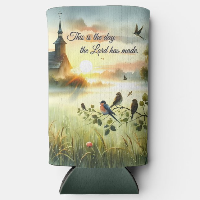 Sunrise Church with Birds in Misty Meadow Seltzer Can Cooler (Front)