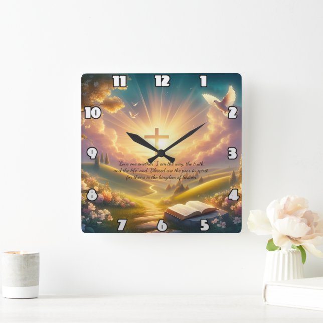 Sunrise Cross, Path to Redemption Love one another Square Wall Clock (Home)