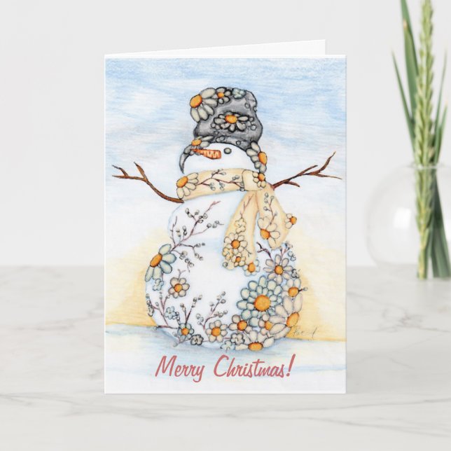 Sunrise Daisy Snowman Holiday Card (Front)