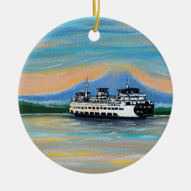 Sunrise Ferry Painting Ceramic Ornament (Front)