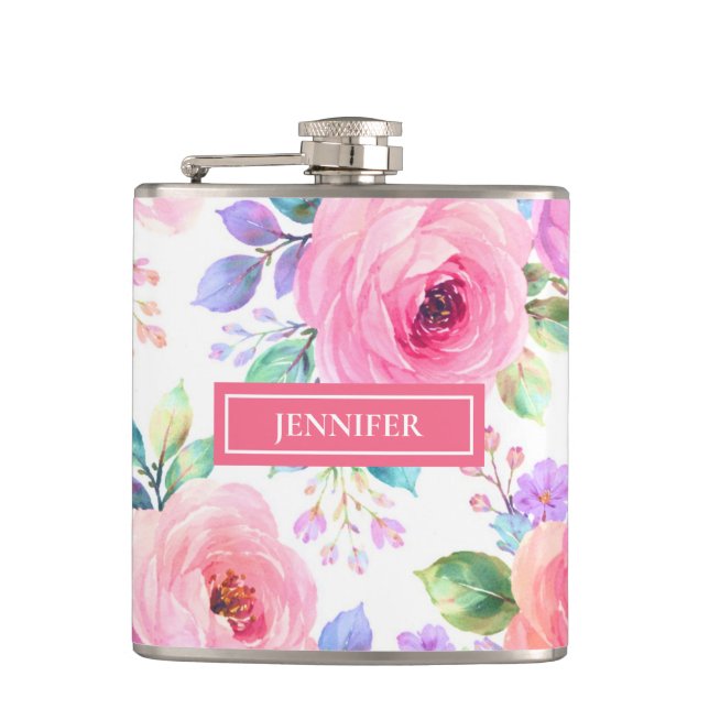 Sunrise Floral Boho Custom Name Design             Hip Flask (Front)