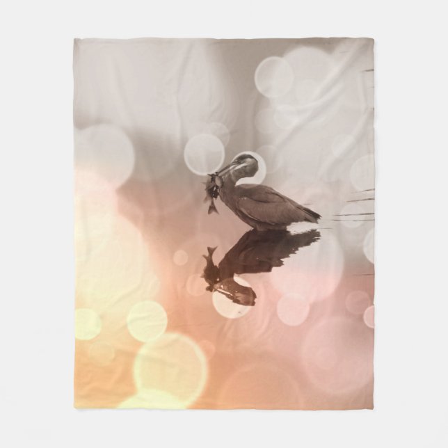 Sunrise Great Blue Heron Reflection Fleece Blanket (Front)