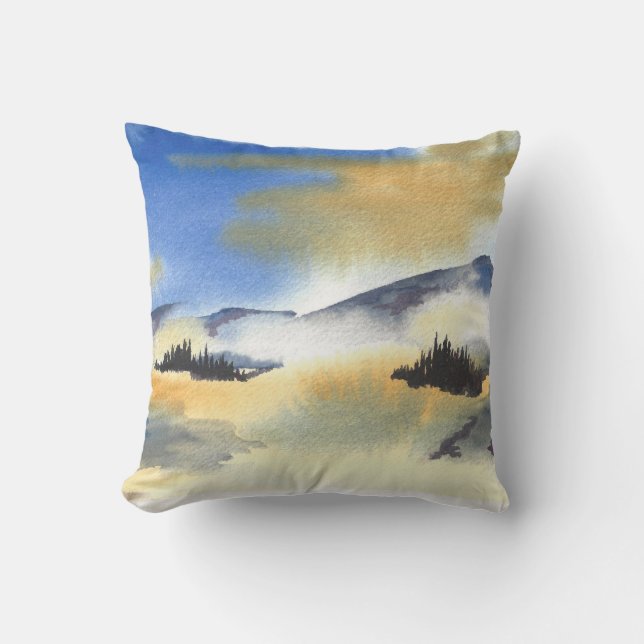 Sunrise in blue and yellow landscape. Watercolor Cushion (Front)