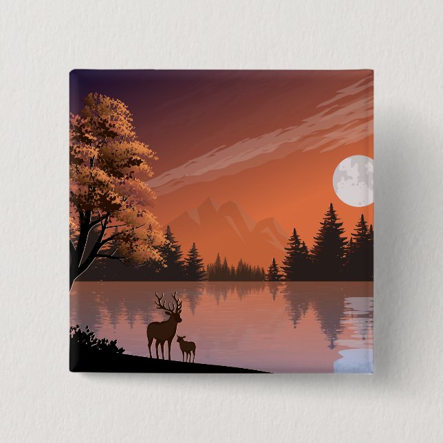 Sunrise Landscape with Lake and Deers-51207 15 Cm Square Badge (Front)