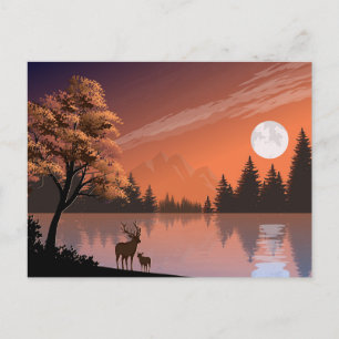 Sunrise Landscape with Lake and Deers-51207 Announcement Postcard