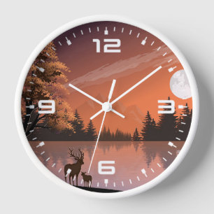 Sunrise Landscape with Lake and Deers-51207 Clock