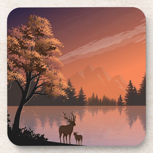 Sunrise Landscape with Lake and Deers-51207 Coaster (Front)