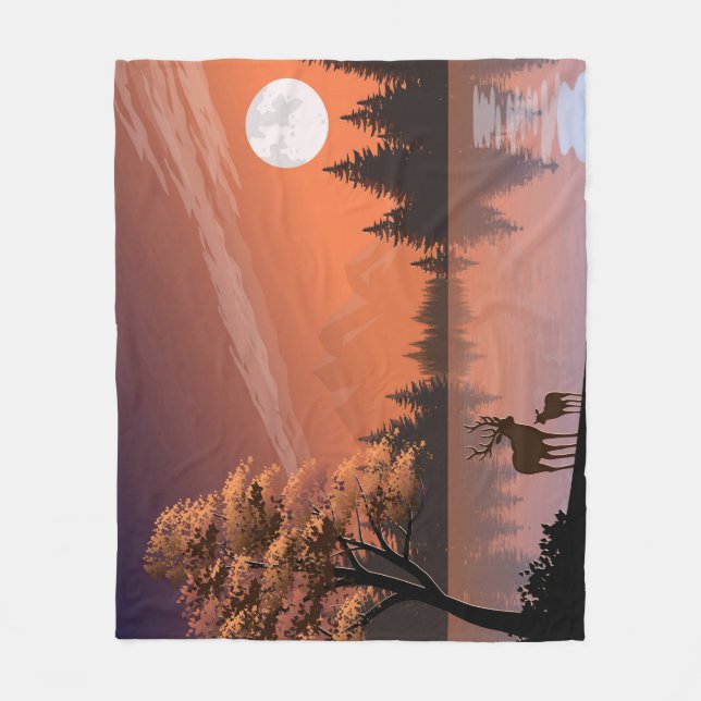 Sunrise Landscape with Lake and Deers-51207 Fleece Blanket (Front)