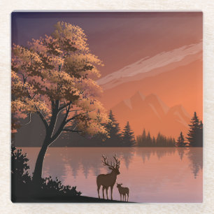 Sunrise Landscape with Lake and Deers-51207 Glass Coaster