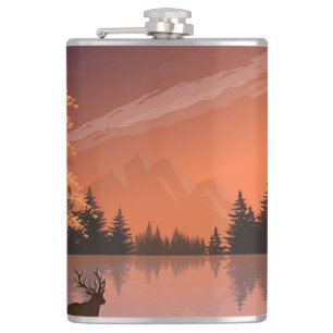 Sunrise Landscape with Lake and Deers-51207 Hip Flask