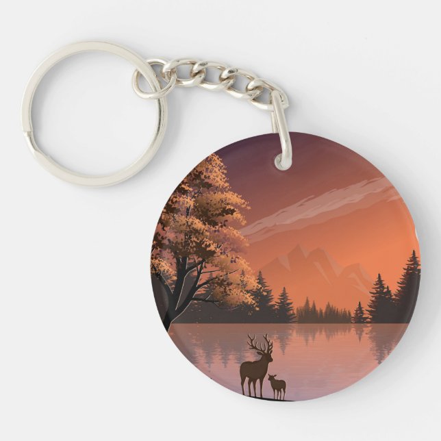 Sunrise Landscape with Lake and Deers-51207 Key Ring (Front)
