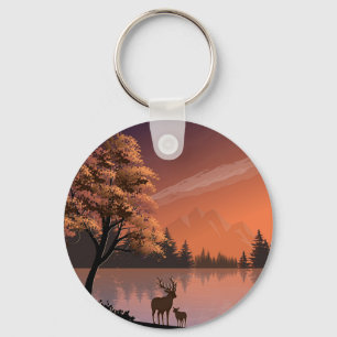 Sunrise Landscape with Lake and Deers-51207 Key Ring