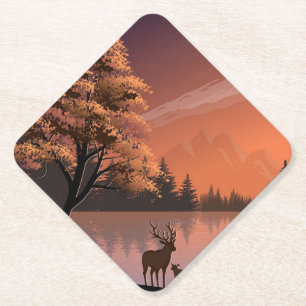 Sunrise Landscape with Lake and Deers-51207 Paper Coaster