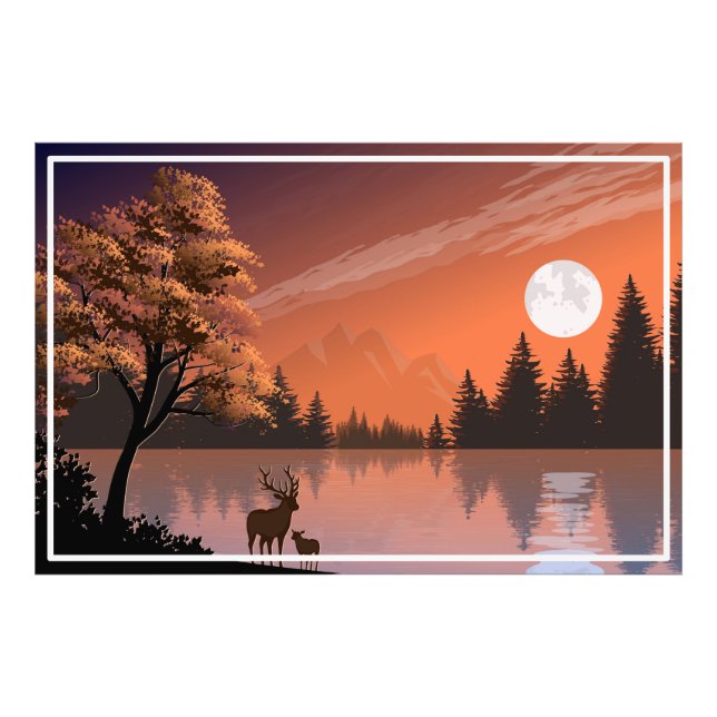 Sunrise Landscape with Lake and Deers-51207 Photo Print (Front)