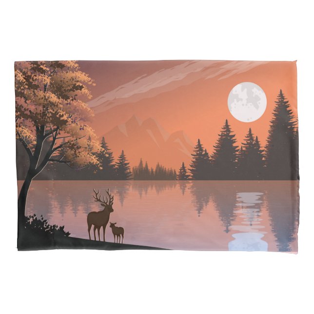 Sunrise Landscape with Lake and Deers-51207 Pillowcase (Front)
