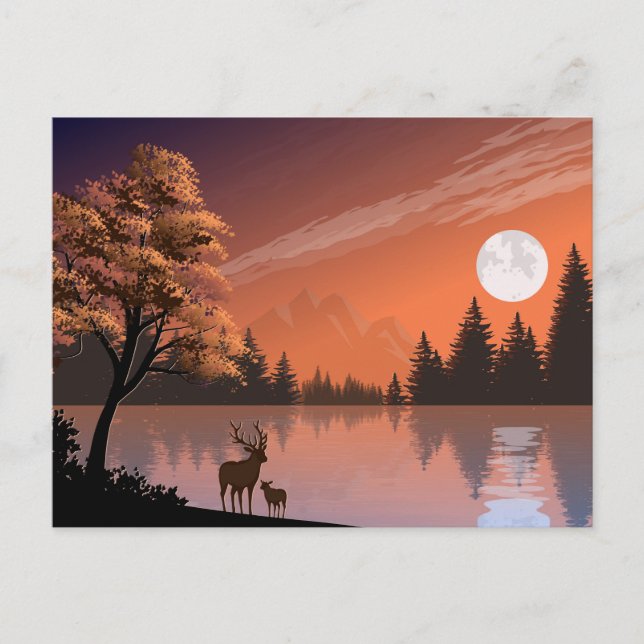 Sunrise Landscape with Lake and Deers-51207 Postcard (Front)