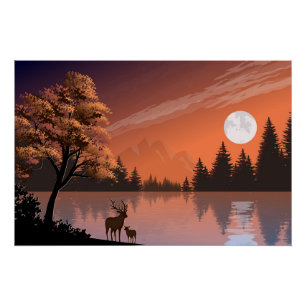 Sunrise Landscape with Lake and Deers-51207 Poster