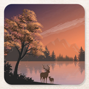 Sunrise Landscape with Lake and Deers-51207 Square Paper Coaster
