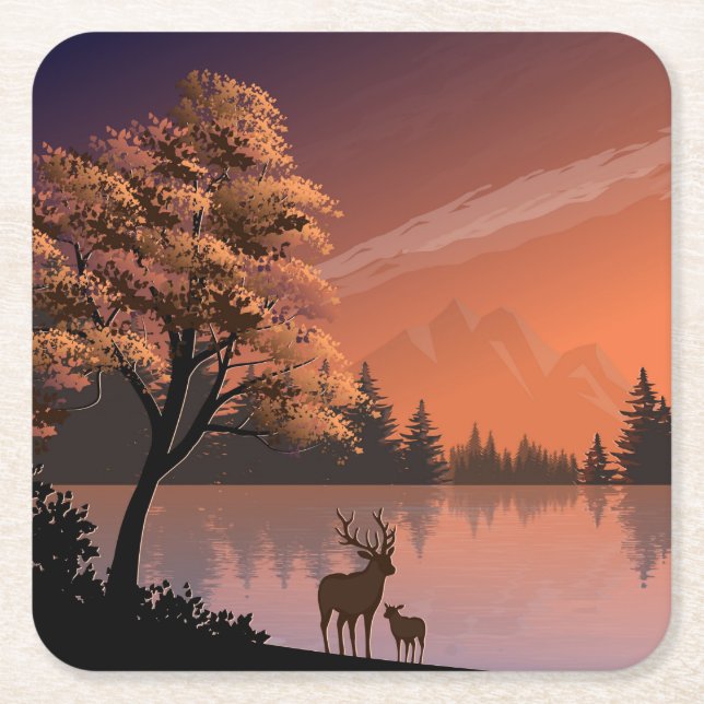 Sunrise Landscape with Lake and Deers-51207 Square Paper Coaster (Front)